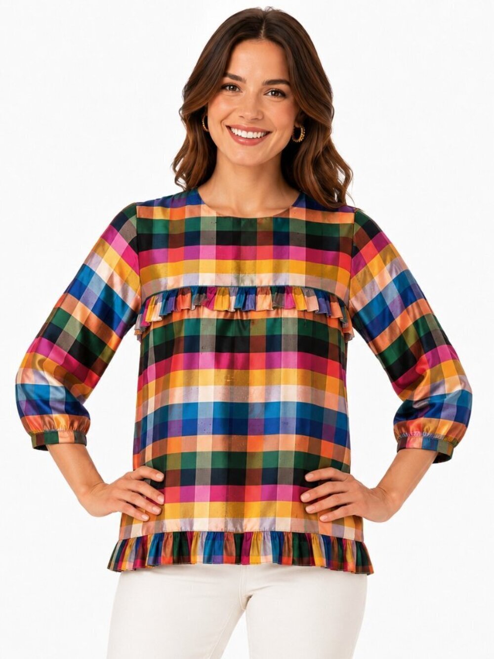 Smart Fitzjerrell Multicolor Plaid Silk Dupioni Ruffled Top